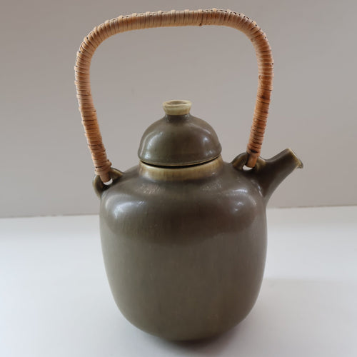 Highly Collectable 1960s DANISH ART POTTERY. Teapot with Wicker Handle. Designed by Frode Blichfeldt Bahnsen for Palshus