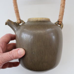 Highly Collectable 1960s DANISH ART POTTERY. Teapot with Wicker Handle. Designed by Frode Blichfeldt Bahnsen for Palshus