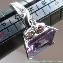 Load image into Gallery viewer, Pretty 9 CT White Gold Ring Set with an Emerald Cut Amethyst &amp; flanked with decorative diamond chips. Size N 1/2
