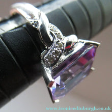 Load image into Gallery viewer, Pretty 9 CT White Gold Ring Set with an Emerald Cut Amethyst &amp; flanked with decorative diamond chips. Size N 1/2
