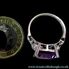 Load image into Gallery viewer, Pretty 9 CT White Gold Ring Set with an Emerald Cut Amethyst &amp; flanked with decorative diamond chips. Size N 1/2
