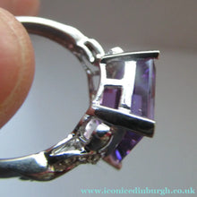Load image into Gallery viewer, Pretty 9 CT White Gold Ring Set with an Emerald Cut Amethyst &amp; flanked with decorative diamond chips. Size N 1/2

