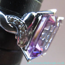 Load image into Gallery viewer, Pretty 9 CT White Gold Ring Set with an Emerald Cut Amethyst &amp; flanked with decorative diamond chips. Size N 1/2
