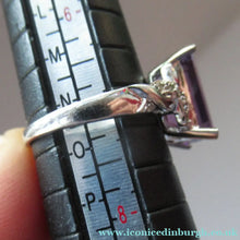 Load image into Gallery viewer, Pretty 9 CT White Gold Ring Set with an Emerald Cut Amethyst &amp; flanked with decorative diamond chips. Size N 1/2
