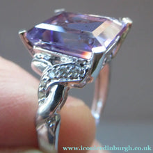 Load image into Gallery viewer, Pretty 9 CT White Gold Ring Set with an Emerald Cut Amethyst &amp; flanked with decorative diamond chips. Size N 1/2

