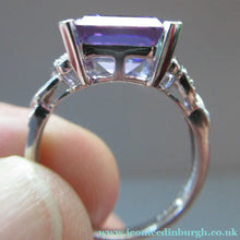 Load image into Gallery viewer, Pretty 9 CT White Gold Ring Set with an Emerald Cut Amethyst &amp; flanked with decorative diamond chips. Size N 1/2
