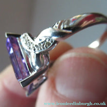 Load image into Gallery viewer, Pretty 9 CT White Gold Ring Set with an Emerald Cut Amethyst &amp; flanked with decorative diamond chips. Size N 1/2

