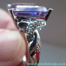 Load image into Gallery viewer, Pretty 9 CT White Gold Ring Set with an Emerald Cut Amethyst &amp; flanked with decorative diamond chips. Size N 1/2
