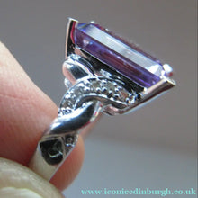 Load image into Gallery viewer, Pretty 9 CT White Gold Ring Set with an Emerald Cut Amethyst &amp; flanked with decorative diamond chips. Size N 1/2
