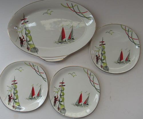 VERY RARE Vintage 1950s Meakin Fishing Pattern Plates: REGATTA PATTERN