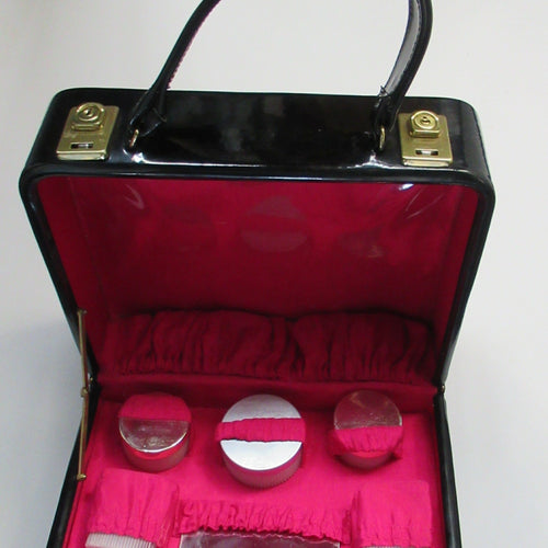 1960s VINTAGE Vanity Case Black Patent Exterior and Bright Pink Lining