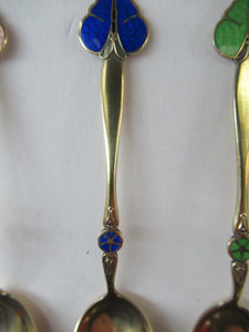 1920s. Set of Six NORWEGIAN Silver Gilt & Enamel BUTTERFLY Demitasse Spoons. Designed by Nils Hansen