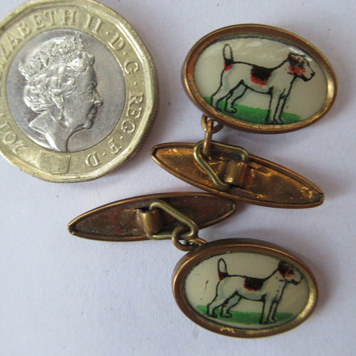 1950s LYON BRAND Oval Cufflinks with Standing Terrier Dog Decoration 
