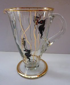 Set of SIX 1950s Cocktail Glasses Decorated with Seahorses. Plus Tall Glass Mixing Jug