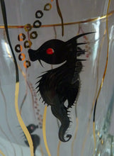 Load image into Gallery viewer, Set of SIX 1950s Cocktail Glasses Decorated with Seahorses. Plus Tall Glass Mixing Jug
