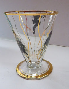 Set of SIX 1950s Cocktail Glasses Decorated with Seahorses. Plus Tall Glass Mixing Jug