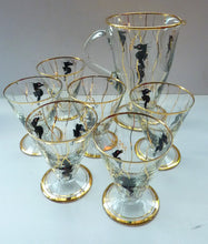 Load image into Gallery viewer, Set of SIX 1950s Cocktail Glasses Decorated with Seahorses. Plus Tall Glass Mixing Jug
