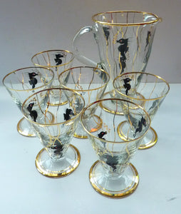 Set of SIX 1950s Cocktail Glasses Decorated with Seahorses. Plus Tall Glass Mixing Jug