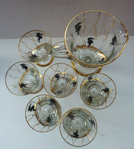 Set of SIX 1950s Cocktail Glasses Decorated with Seahorses. Plus Tall Glass Mixing Jug