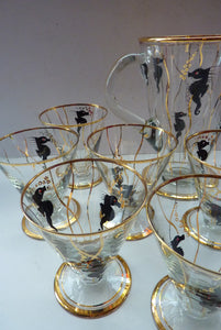 Set of SIX 1950s Cocktail Glasses Decorated with Seahorses. Plus Tall Glass Mixing Jug