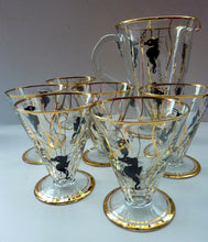 Load image into Gallery viewer, Set of SIX 1950s Cocktail Glasses Decorated with Seahorses. Plus Tall Glass Mixing Jug
