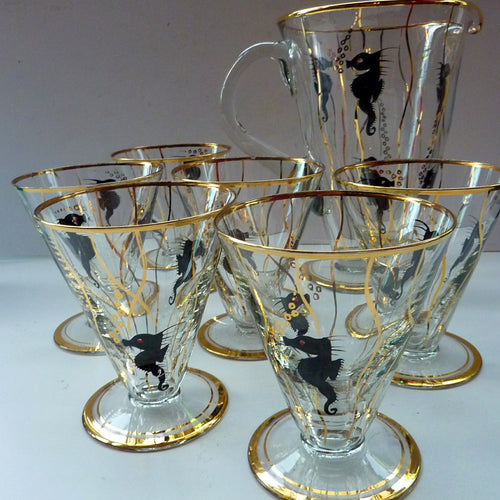 Set of SIX 1950s Cocktail Glasses Decorated with Seahorses. Plus Tall Glass Mixing Jug