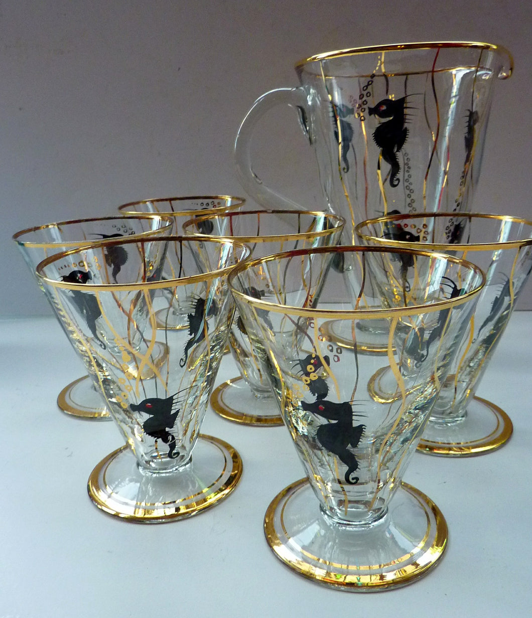 Set of SIX 1950s Cocktail Glasses Decorated with Seahorses. Plus Tall Glass Mixing Jug