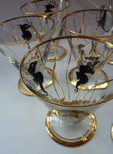 Load image into Gallery viewer, Set of SIX 1950s Cocktail Glasses Decorated with Seahorses. Plus Tall Glass Mixing Jug
