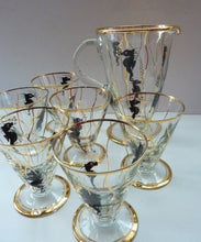 Load image into Gallery viewer, Set of SIX 1950s Cocktail Glasses Decorated with Seahorses. Plus Tall Glass Mixing Jug
