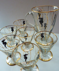 Set of SIX 1950s Cocktail Glasses Decorated with Seahorses. Plus Tall Glass Mixing Jug