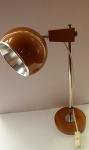 Vintage 1970s Desk Lamp. Copper Enamel Eye Ball / Globe Metal Shade. Teak Base & Fully Adjustable with Finger Switch