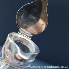 Load image into Gallery viewer, A/ ANTIQUE Edwardian WHISKY NOGGIN. Hallmarked 1907 Hukin and Heath Silver Mounts; with Cute Miniature Silver Whisky Label
