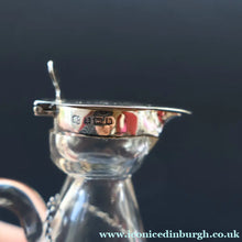 Load image into Gallery viewer, A/ ANTIQUE Edwardian WHISKY NOGGIN. Hallmarked 1907 Hukin and Heath Silver Mounts; with Cute Miniature Silver Whisky Label
