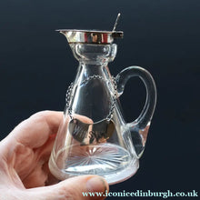 Load image into Gallery viewer, A/ ANTIQUE Edwardian WHISKY NOGGIN. Hallmarked 1907 Hukin and Heath Silver Mounts; with Cute Miniature Silver Whisky Label
