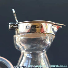 Load image into Gallery viewer, A/ ANTIQUE Edwardian WHISKY NOGGIN. Hallmarked 1907 Hukin and Heath Silver Mounts; with Cute Miniature Silver Whisky Label
