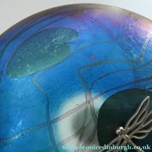 Load image into Gallery viewer, GLASFORM Paperweight by John Ditchfield. Iridescent Lily Pad with Silver Dragonfly Embellishment
