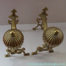 Load image into Gallery viewer, Aesthetic Movement Brass Fire Dogs or Antique Andirons with Large Ribbed Balls Finials
