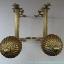 Load image into Gallery viewer, Aesthetic Movement Brass Fire Dogs or Antique Andirons with Large Ribbed Balls Finials
