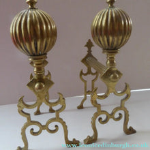 Load image into Gallery viewer, Aesthetic Movement Brass Fire Dogs or Antique Andirons with Large Ribbed Balls Finials
