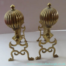 Load image into Gallery viewer, Aesthetic Movement Brass Fire Dogs or Antique Andirons with Large Ribbed Balls Finials
