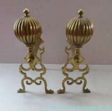 Load image into Gallery viewer, Aesthetic Movement Brass Fire Dogs or Antique Andirons with Large Ribbed Balls Finials
