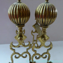 Load image into Gallery viewer, Aesthetic Movement Brass Fire Dogs or Antique Andirons with Large Ribbed Balls Finials
