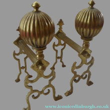 Load image into Gallery viewer, Aesthetic Movement Brass Fire Dogs or Antique Andirons with Large Ribbed Balls Finials
