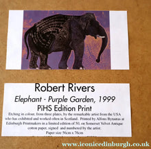 Load image into Gallery viewer, AMERICAN ART. Robert Rivers: Large 1999 Limited Edition Etching Printed in Colour Using Three Plates.  Entitled "Elephant in Purple Garden". FRAMED
