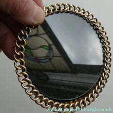 Load image into Gallery viewer, ANTIQUE 1880s Brass Chain Easel Stand Photo Frame. 3 3/4 inches diameter
