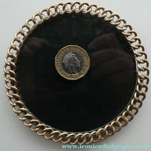 Load image into Gallery viewer, ANTIQUE 1880s Brass Chain Easel Stand Photo Frame. 3 3/4 inches diameter
