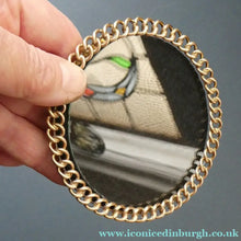 Load image into Gallery viewer, ANTIQUE 1880s Brass Chain Easel Stand Photo Frame. 3 3/4 inches diameter
