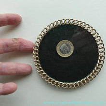 Load image into Gallery viewer, ANTIQUE 1880s Brass Chain Easel Stand Photo Frame. 3 3/4 inches diameter
