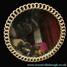 Load image into Gallery viewer, ANTIQUE 1880s Brass Chain Easel Stand Photo Frame. 3 3/4 inches diameter

