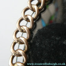 Load image into Gallery viewer, ANTIQUE 1880s Brass Chain Easel Stand Photo Frame. 3 3/4 inches diameter
